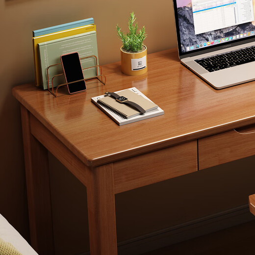 Weibosi solid wood desk and chair combination home office desk simple computer table small apartment living room bedroom study desk walnut color single table imported solid wood 100x55x75cm double drawers