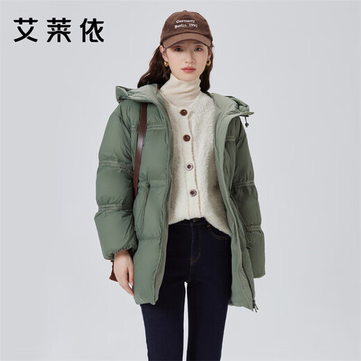 Ai Lai Goose Down Down Jacket Feminine Fashion Short Drawstring Waist Hooded Jacket Winter Honey Tea Brown 155