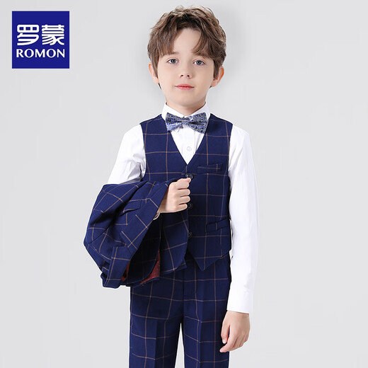 Luo Meng children's suit vest suit boy host dress British style flower girl piano performance suit navy blue 150