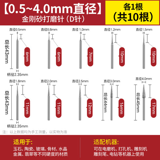 Ai Ruidun diamond grinding jade carving jade peeling D needle grinding head reaming needle drill jade carving tool emery sand 10 kinds of 0.5-4.0mm, 1 piece each, 10 pieces in total