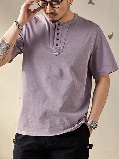 Xiaohongshu's popular high-end retro short-sleeved T-shirt for men in summer loose large size tough guy casual Henry collar bottoming shirt Mocha brown S S90-115Jin Jin is equal to 0.5 kg