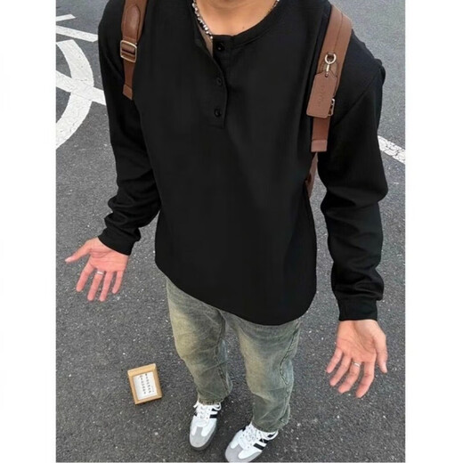 Chaoyunyue American Gray Henley Collar Long Sleeve T-shirt Men's Autumn Cleanfit Waffle Heavy Sweater with Bottoming Shirt Single Pack E03 Black M Recommended 80-100Jin Jin is equal to 0.5 kg