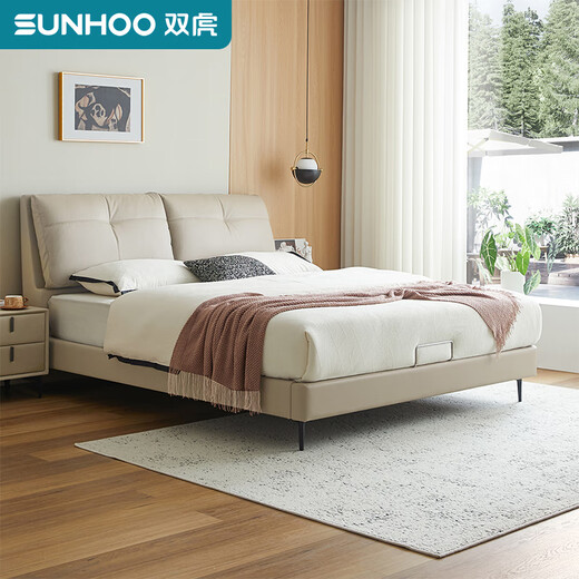 Double Tiger Lederkunst Doppelbett moderne leichte luxuriöse Hauptschlafzimmer mit großer Bett Kopfschicht Kuhspannung Massivholz Weiche Creme -Stil echtes Lederbett 702 [Stille Version] Hochfußbett [Erste Schicht Cowide A Ticksand White] 1,8*2,0 Meter