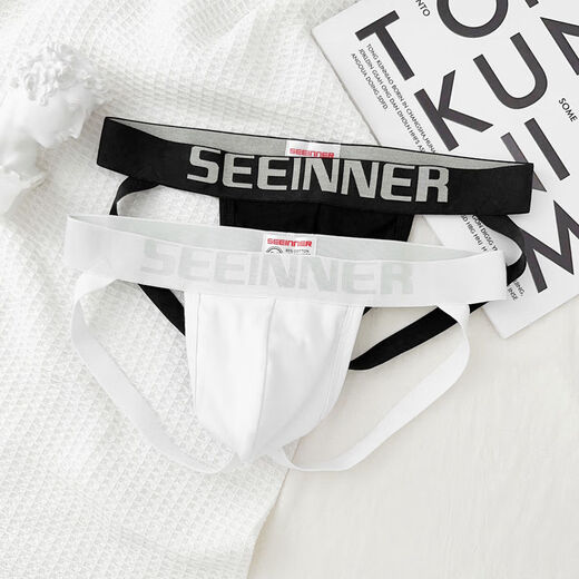 2 pack men's double thong underwear cotton low-waisted sexy butt-lifting U-convex comfortable solid color double thong underwear for boys black + white M