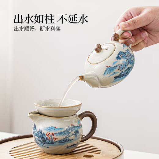 Xiangye Beige Ru Kiln Chinese Teapot Small Set Home One-person Kungfu Tea Lift Pot Drinking Tea Cup Round Tea Tray Beige Linglang Auspicious Pot 6-piece Set + Plain Han Plate