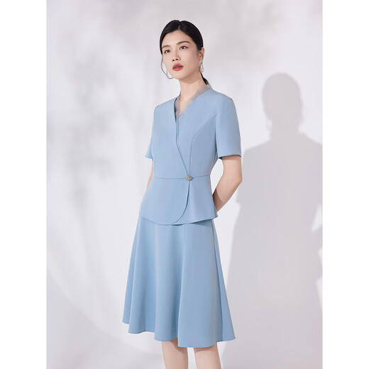 Pink and Blue Wardrobe 2024 Summer New Style Yanyu Jiangnan Temperament Splicing Suit Overlapping V-neck Small Shirt and Half Skirt Two-piece Set 5A2T338 Moonlight Blue M