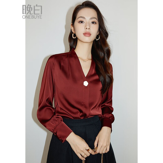 Late White Exclusive 2025 Autumn Fashionable and Western Style Top Chinese Red Long Sleeve Shirt Women's Shirt Dark Red M