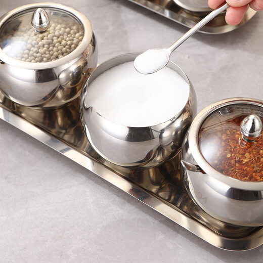 Xuanyan 304 stainless steel seasoning jar set seasoning storage jar seasoning jar salt jar dustproof seasoning box with base spoon tray with lid 304 seasoning jar four flavors