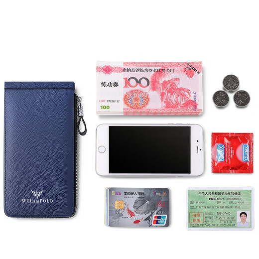 WILLIAMPOLO Anti-theft Card Holder Men's Wallet Long Genuine Leather Multi-Slot Leather Clip Top Cowhide Zipper Card Holder Large Capacity Clip Blue Cross Pattern