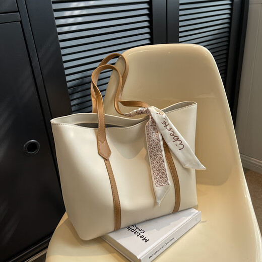 Bai Qixin Tote Bag Large Capacity Commuting Large Bag Women's Fashionable Simple Tote Bag Retro Shoulder Handbag Simple Tote Bag White with Brown + Ribbon