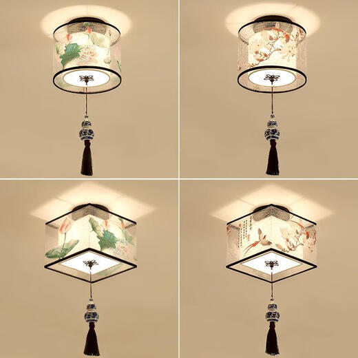 Micro corridor ceiling lamp balcony entrance corridor lamp new Chinese style LED simple bedroom foyer entrance small ceiling lamp round flowery brocade + pendant