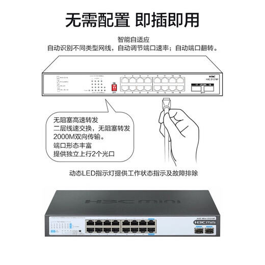 H3C (H3C) Voll-Gigabit-Switch der Mini-Serie für Unternehmen, Ethernet-Netzwerk-Switch für kommerzielle Büros, Plug-and-Play-Kernüberwachung, Blitzschutz-Netzwerkkabel-Splitter S1218F 16-Port-Gigabit-Elektro- und 2-Gigabit-Optik-Port ohne Netzwerkverwaltung, verwendet in Netzwerkszenarien wie kleinen und mittleren Unternehmen, Schulen, Internetcafés usw.
