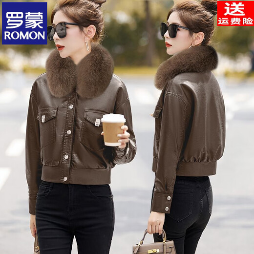 ROMON genuine leather jacket with velvet and thickening for women 2025 autumn and winter new style fashionable little leather jacket short coat coffee color + coffee color fur collar leather jacket XL recommended 105-115Jin Jin equals 0.5 kg