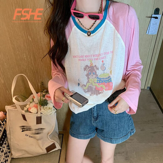 FSHE2024 new summer and autumn raglan sleeve thin long-sleeved T-shirt for women, versatile, loose and chic, age-reducing printed blouse top with pink and apricot M