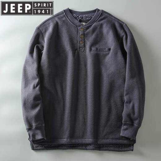 JEEP SPIRIT new waffle plus velvet thickened warm autumn and winter men's large size Henry collar long-sleeved sweatshirt pullover men's dark gray M recommended 90-110Jin Jin equals 0.5 kg