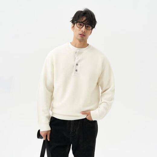 LEZORA imported Australian ultra-light Tasmanian wool suede pineapple plaid Henry collar sweater for men white L