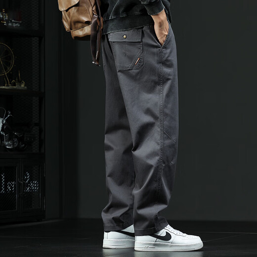 Luo Meng American retro overalls men's casual pants summer new versatile loose large size straight long pants men's pants dark gray XL 150-170Jin Jin equals 0.5 kg