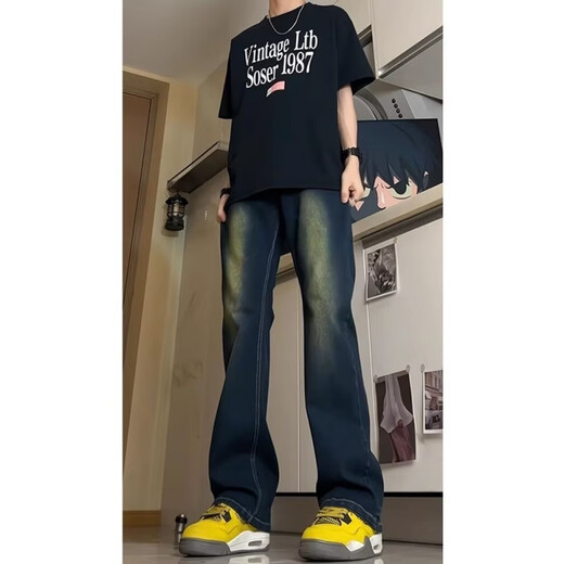 迪伽达 牛仔裤男士宽松春季新款美式高街微喇修身潮牌直筒阔腿裤子男 HCFS-9904藏青色 S