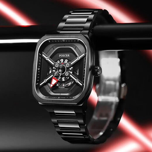 
POSCER men's watch fashion hollow fully automatic mechanical square watch men's trendy waterproof Porsche men's watch 6227 red plate