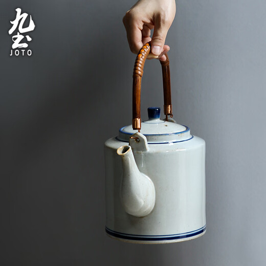 Jiutu household ceramic cold kettle large capacity old-fashioned retro teapot blue and white underglaze color cold kettle teacup blue and white handle teapot