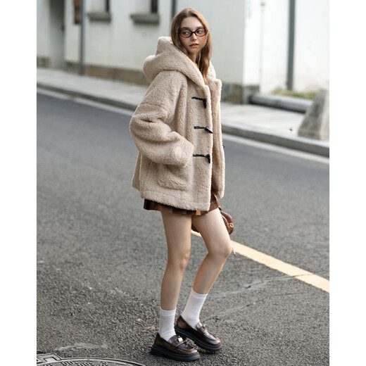 TonLion 2025 Winter Women's Hooded Horn Button One-Hand-Length Imitation Lamb Wool Jacket