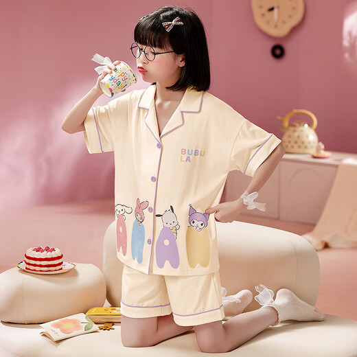 曼妮朵女童睡衣夏季纯棉小女孩新款儿童家居服宝宝开衫短袖短裤套装薄款 B4877绿【双短】 110cm 10码建议105-115cm