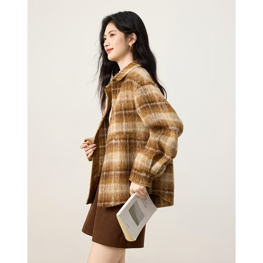 Shangjing shirt women's 25th winter new women's Korean style lazy style woolen material thickened color block plaid loose shirt women's tops