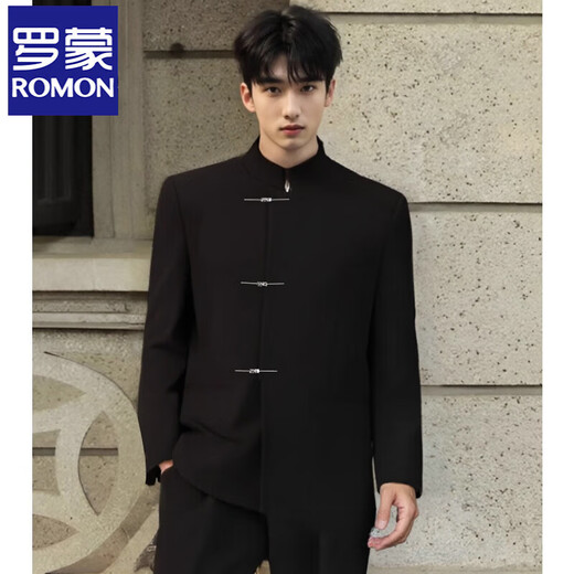 ROMON high-end new Chinese casual suit men's national style stand-up collar tunic style airplane button loose suit suit black two-piece suit top + pants 2XL