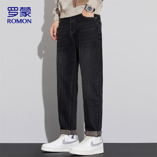 ROMON jeans men's elastic pants men's autumn and winter straight casual pants men's slim trousers black 32