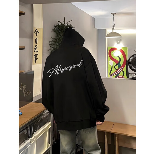 Mo Xiaodao Heavyweight American Black Hooded Sweatshirt Men's Autumn and Winter New Plus Velvet Loose Retro Versatile Jacket Clothes Winter Clothes Black Velvet High Quality L Recommended 100-120 Jin Jin equals 0.5 kg