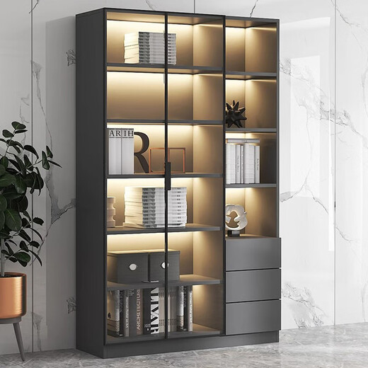 Caixiang bookcase with glass door display wine cabinet light luxury customized home living room integrated wall to top bookshelf solid wood hand-made 40cm single door light luxury gray package installation standard version delivered to the home
