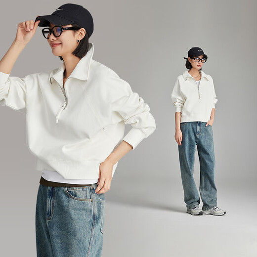 雲上生活【海川卫衣】肌理感翻领半拉链短款卫衣2024春秋上衣女V9214X 白色 S