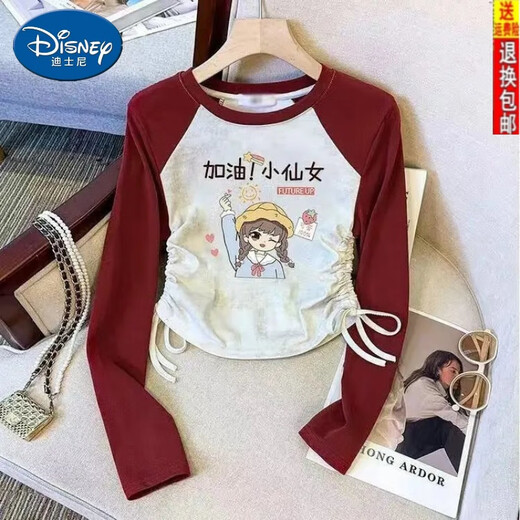 Disney Girls' Autumn New Ragshou Drawstring Long Sleeve T-shirt 2025 Mid-large Children Korean Loose and All-match Base Shirt Top 702 Black Gray (1984) 160 yards