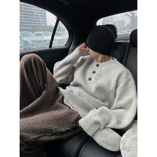 Maycaur autumn and winter retro lazy old money style heavyweight thickening loose outer wear inner Henry collar sweater sweater men's trend gray M _100Jin Jin is equal to within 0.5 kg