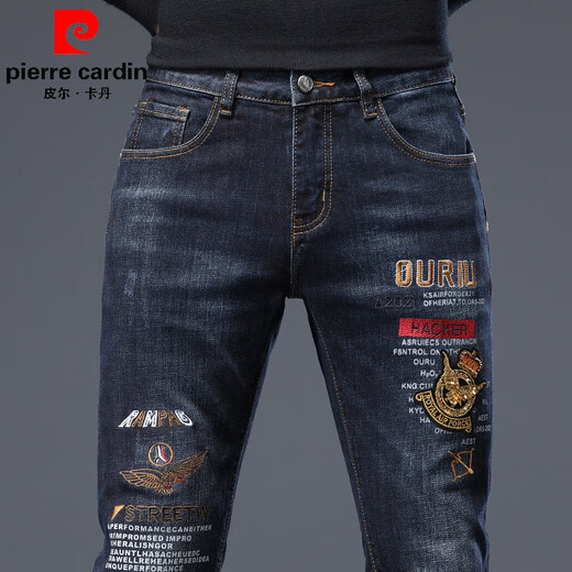 皮尔卡丹（pierre cardin）欧货新款刺绣印花男士针织牛仔裤子修身弹力百搭小脚长裤 6628 29 （2尺2）