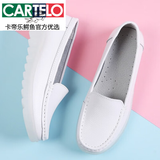 
CARTELO white nurse shoes for women soft sole non-smelling feet in summer breathable, anti-odorant, non-slip genuine leather flat-sole medical staff white shoes white 6628 four-season model 37