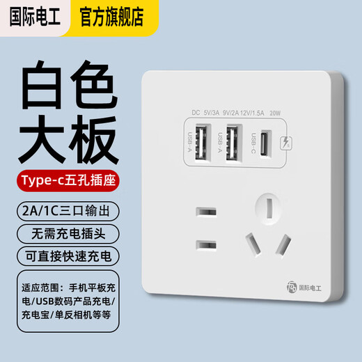 International electrician concealed type 86 20W fast charging USB socket switch panel wall mobile phone charging Type-c household five-hole five-hole 20W fast charging USB+typeC (white)