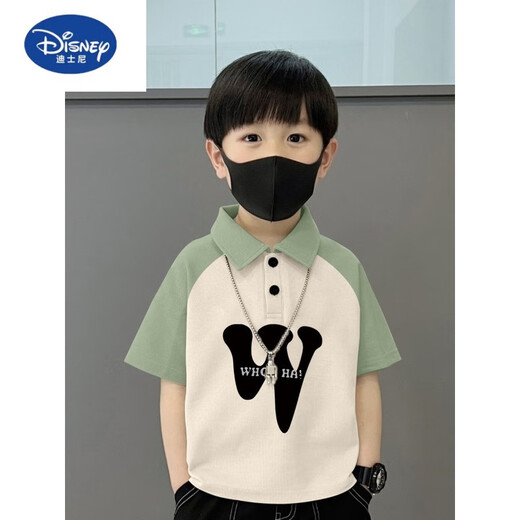迪士尼（Disney）纯棉POLO衫短袖T恤儿童夏季新款中大童宽松拼接帅气翻领男孩上衣 674笑脸-咖杏-POLO衫纯棉品 150
