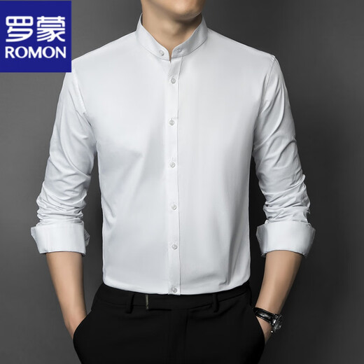 ROMON new Chinese style stand collar shirt men's long sleeve spring and autumn business casual formal wear no ironing professional white shirt tunic white 2XL reference 140-155Jin Jin equals about 0.5 kg