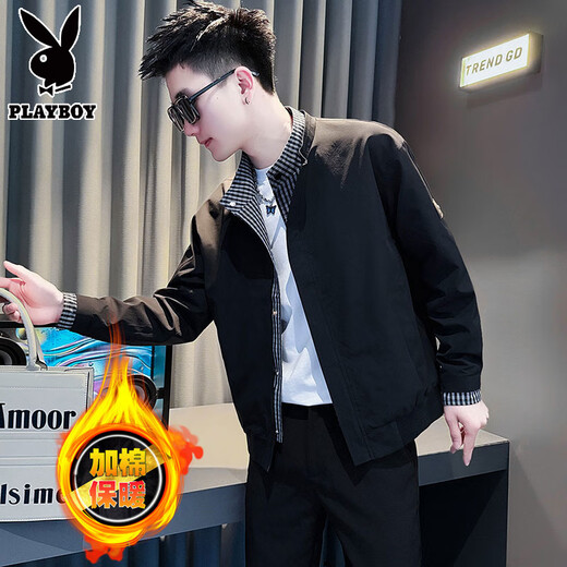 Playboy spring and autumn vacation two-piece jacket men's stand-up collar clothes 2025 new autumn and winter plus velvet men's high-end jacket trendy coffee color 8157-fake two-piece jacket high quality L