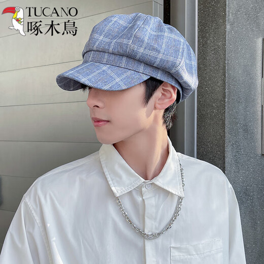 Woodpecker (TUCANO) Hat Men's Summer Trendy Brand Painter Hat Literary Thin Octagonal Hat Men's British Retro Beret Peaked Cap Plaid Blue One Size One Size