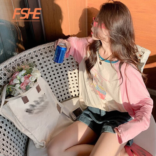 FSHE2024 new summer and autumn raglan sleeve thin long-sleeved T-shirt for women, versatile, loose and chic, age-reducing printed blouse top with pink and apricot M