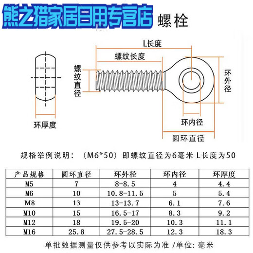 Sailotou 304 stainless steel live-joint screws, live-knot screws, rings, fish-eye screws, bolts with holes, M5*252 only