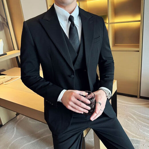 GOLDLION G+Goldlion High Quality Wool Suit Suit Men's Business Casual Formal Patch Collar Suit Groomsman Gift Black Suit+White Shirt+Vest+Pants Two Buttons XL