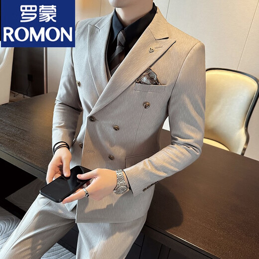 ROMON Business Slim Peaked Lapel Double-Breasted Suit Men's Commuting Casual Groom Wedding Dress Suit Three-piece Set Gray Blue Suit+Trousers (XL)