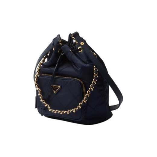 PRADA Enamel Metal Triangle Logo Drawstring Closure Fabric Bucket Bag Crossbody Hand Shoulder Bag Women's Blue Basic Pack (Bag + Dust Bag)