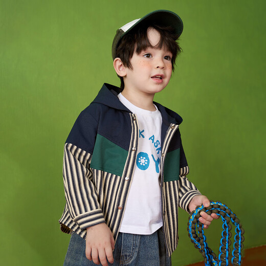 ASK JUNIOR Boys' Jacket Autumn Children's Striped Stitching Contrast Color Casual Hooded Jacket Navy 100
