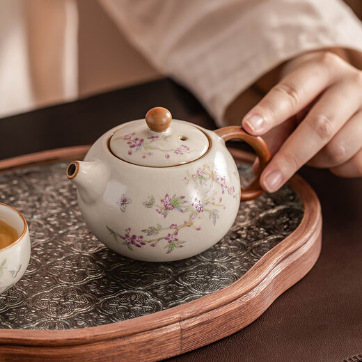 Porcelain brand tea set Ru Kiln Kung Fu tea set with tea tray household ceramic personal teapot teacup tea set beige Ru Kiln cute cat Xishi pot one pot and two cups