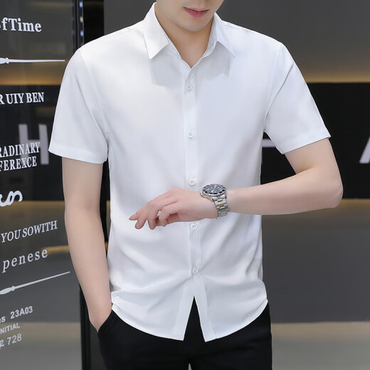 Jiumu Dynasty Summer Ice Silk Shirt Men's Short Sleeve Business Ice White Shirt No-iron Professional Formal Elastic Work Clothes FJL910 Blue 4XL170-185Jin [Jin equals 0.5 kg]