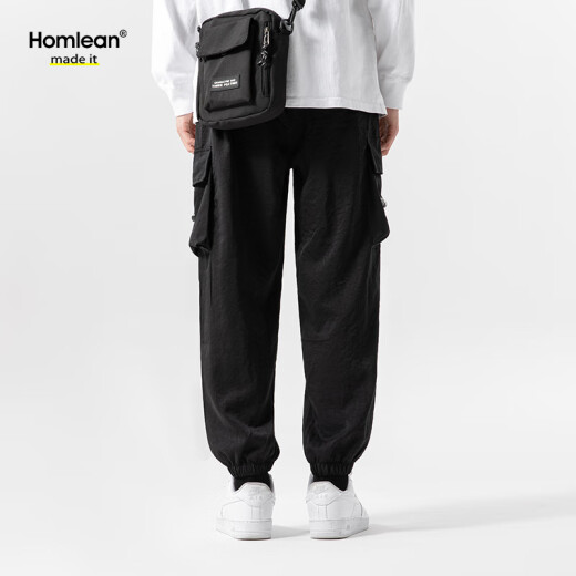 
Homlean American high street casual pants men's summer paratrooper tying feet versatile work pants niche functional style 9913 black 2XL